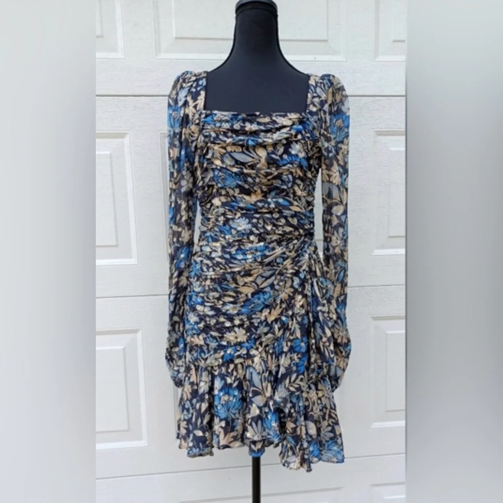 Monique Lhuillier Blue and Beige Metallic Floral Ruched Long-Sleeve Dress - Picture 5 of 8